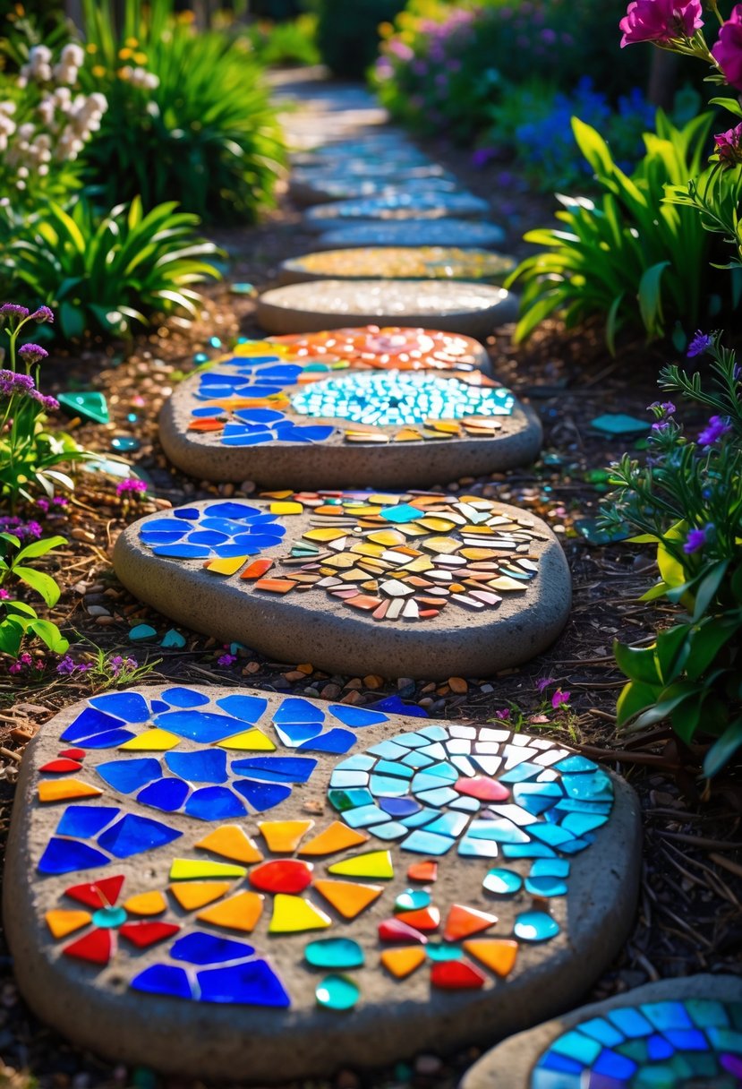 A garden pathway with stepping stones decorated with colorful mosaic patterns surrounded by green plants and flowers.