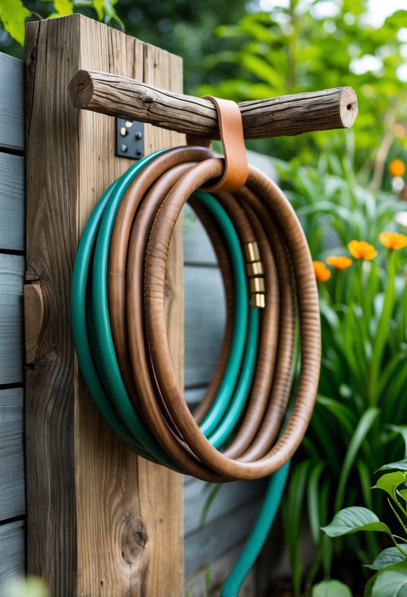 A handmade garden hose hanger made of leather straps and wood mounted outdoors with a coiled garden hose hanging on it surrounded by plants.