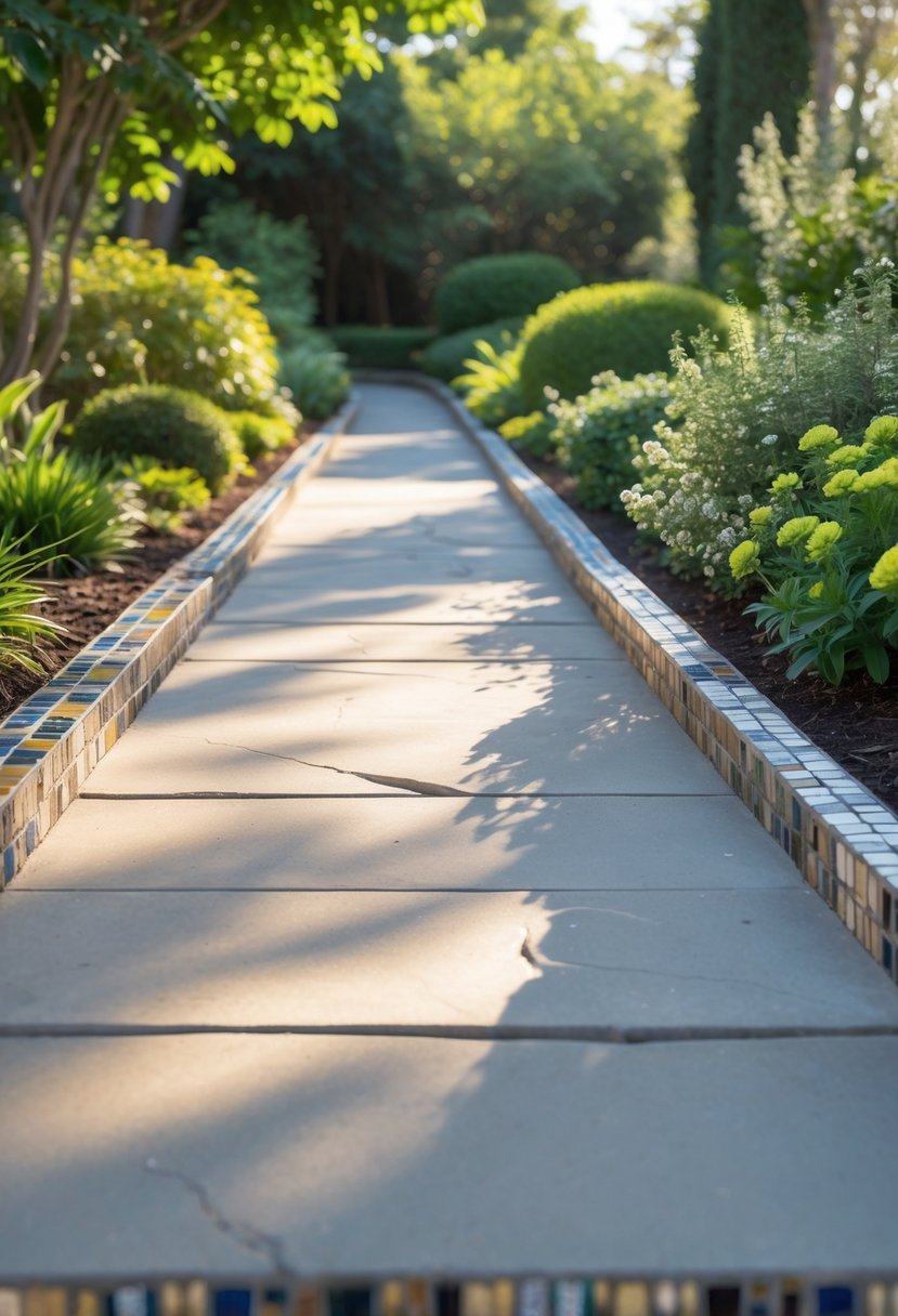 A garden pathway bordered by colorful mosaic tile designs with green plants and flowers along the sides.