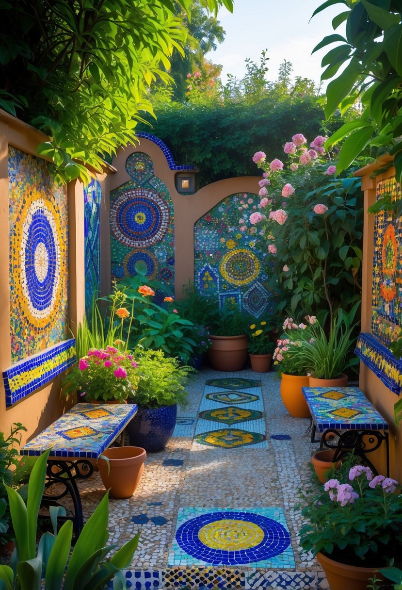 A garden with colorful mosaic decorations on walls, benches, pots, and stepping stones surrounded by green plants and flowers.