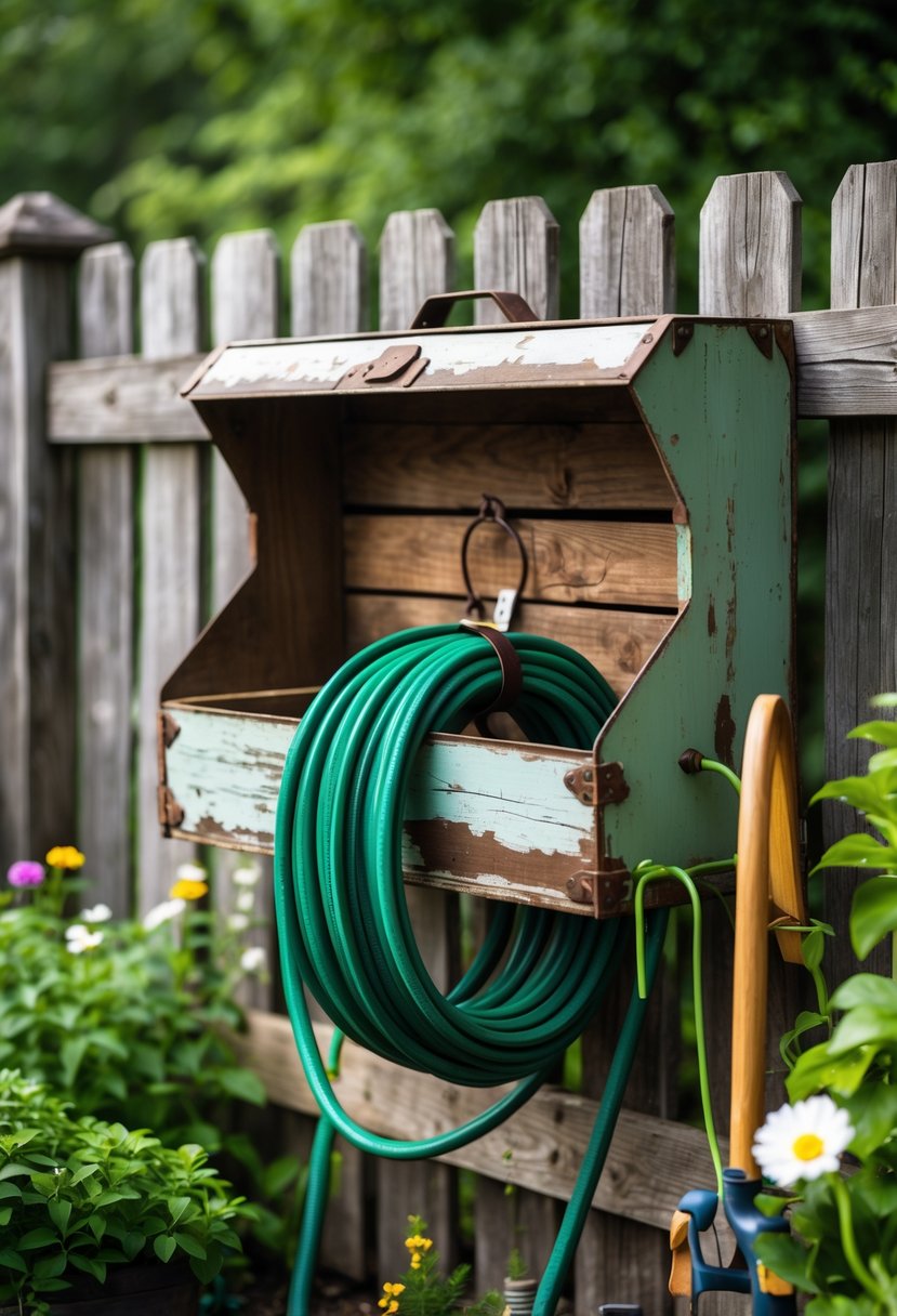 A vintage wooden toolbox mounted on a fence holding a coiled green garden hose surrounded by plants in a garden.