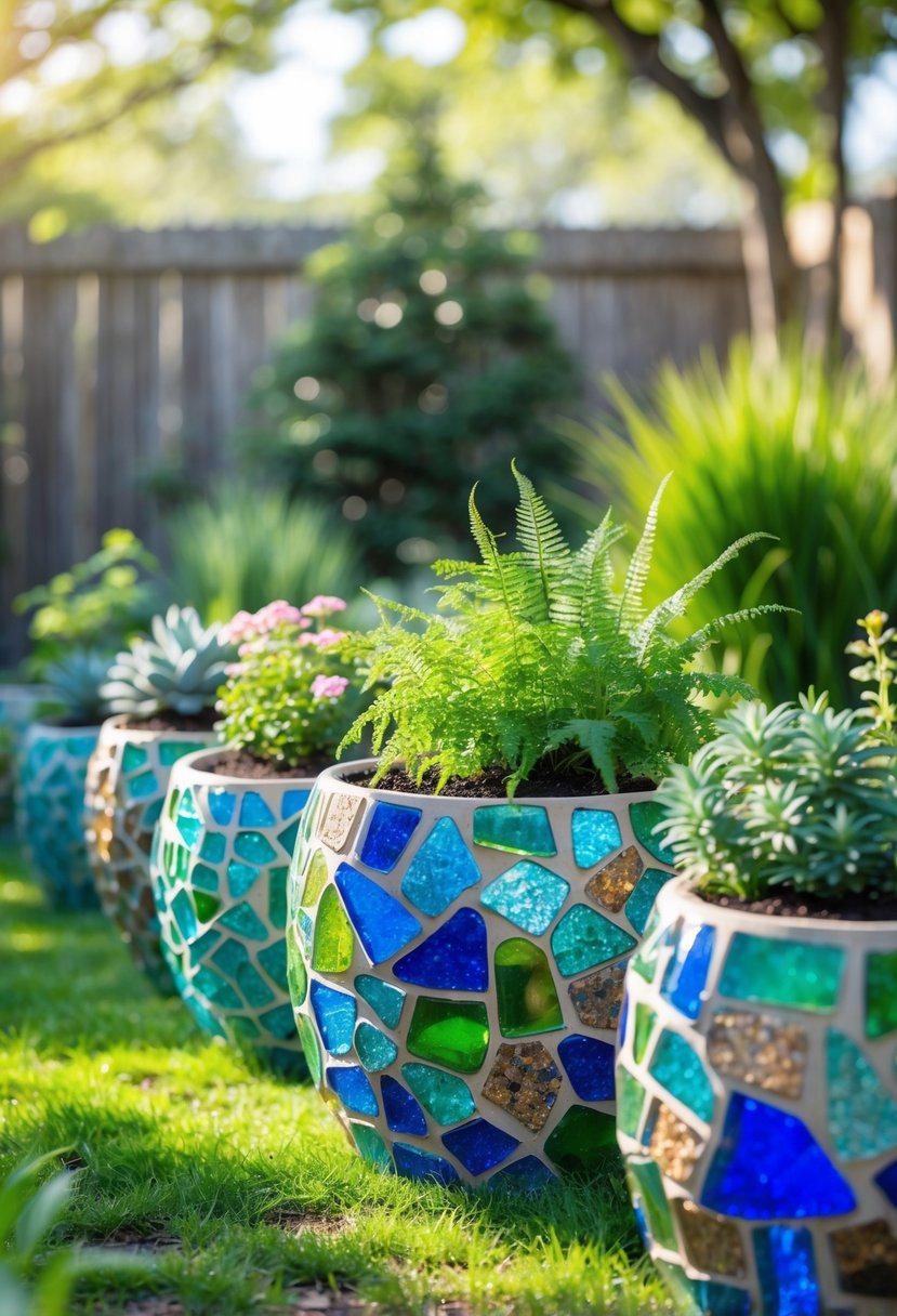 A group of colorful recycled glass mosaic planters with green plants arranged outdoors in a garden.