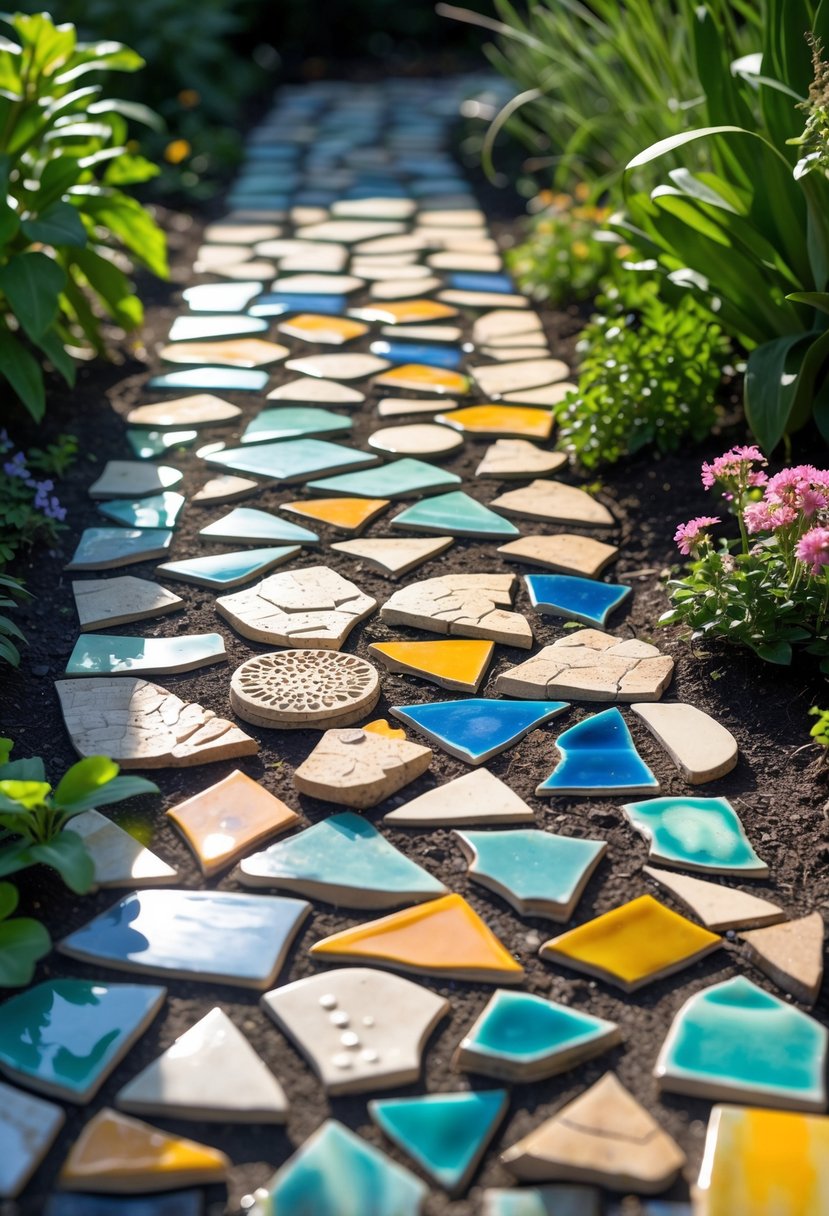 A garden pathway decorated with colorful broken ceramic plate mosaics surrounded by green plants and flowers.