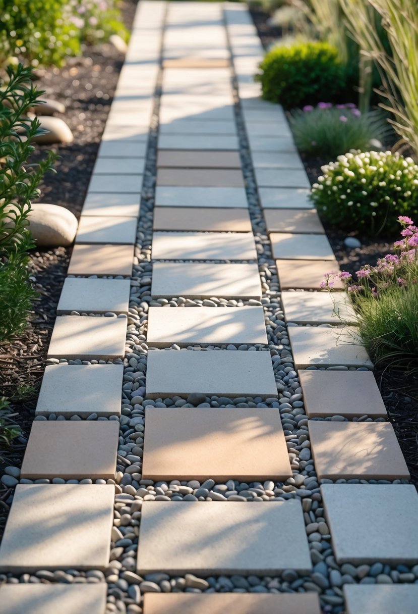 A garden pathway made of pebble and tile mosaics surrounded by green plants and flowers.