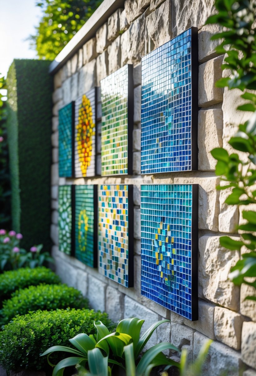 A garden wall decorated with colorful mosaic art panels surrounded by green plants and flowers.