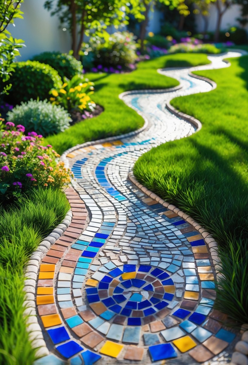 A spiral mosaic pathway winding through a garden with green grass and plants.