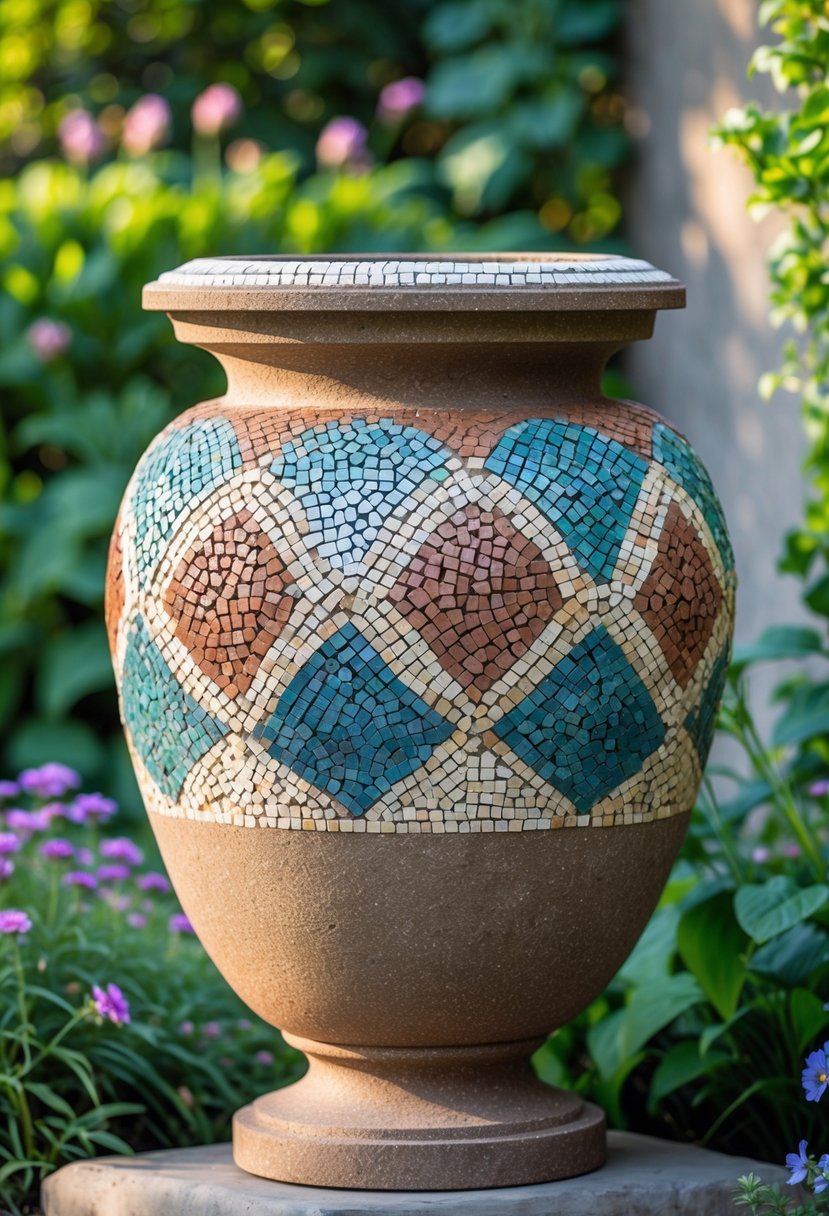 A garden urn decorated with simple mosaic tiles surrounded by green plants and flowers.