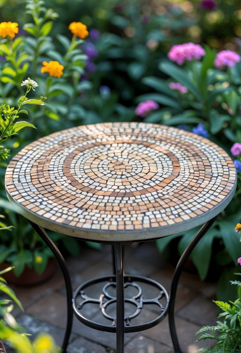 Small garden table with a simple mosaic tabletop surrounded by plants and flowers.