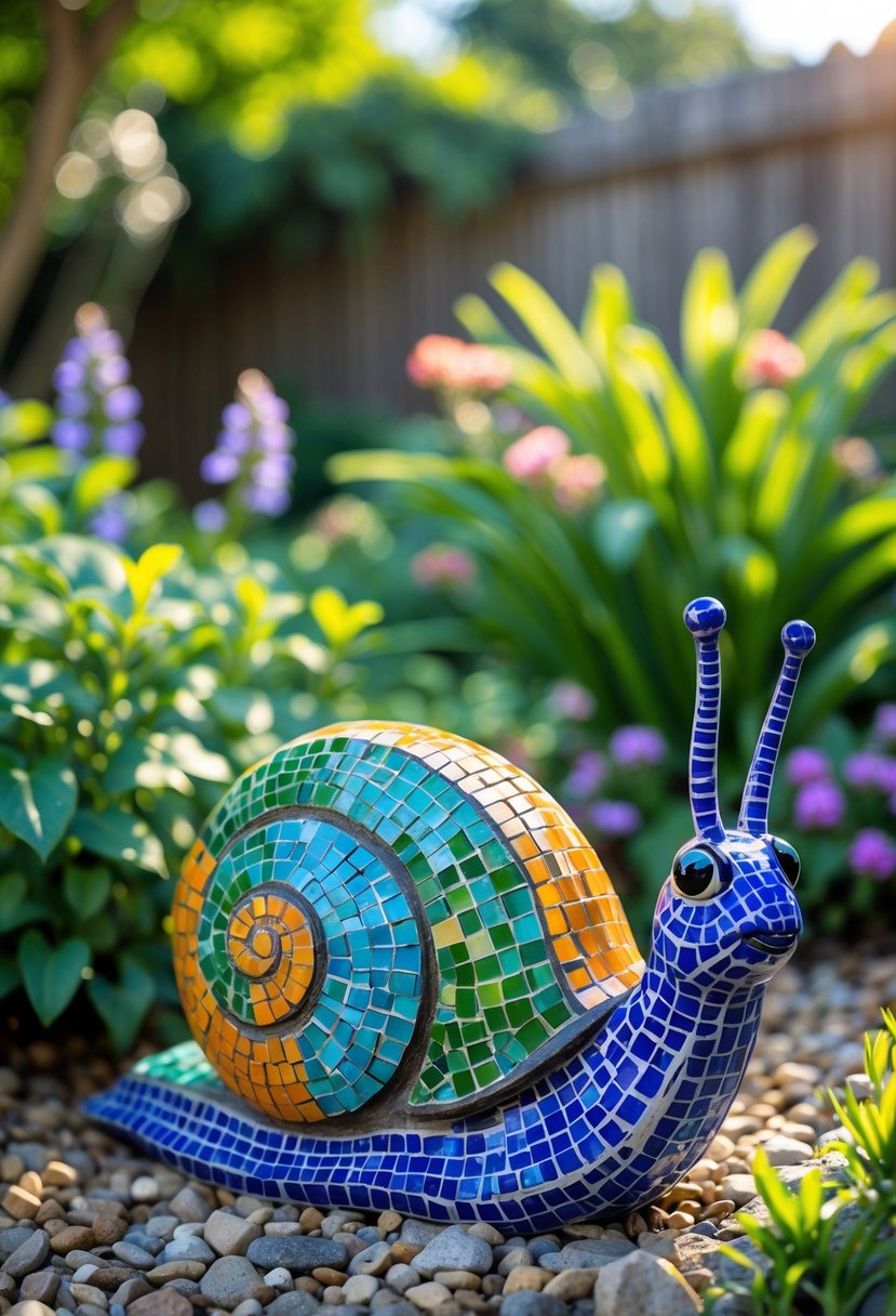 A colorful mosaic snail sculpture in a garden surrounded by green plants and flowers.