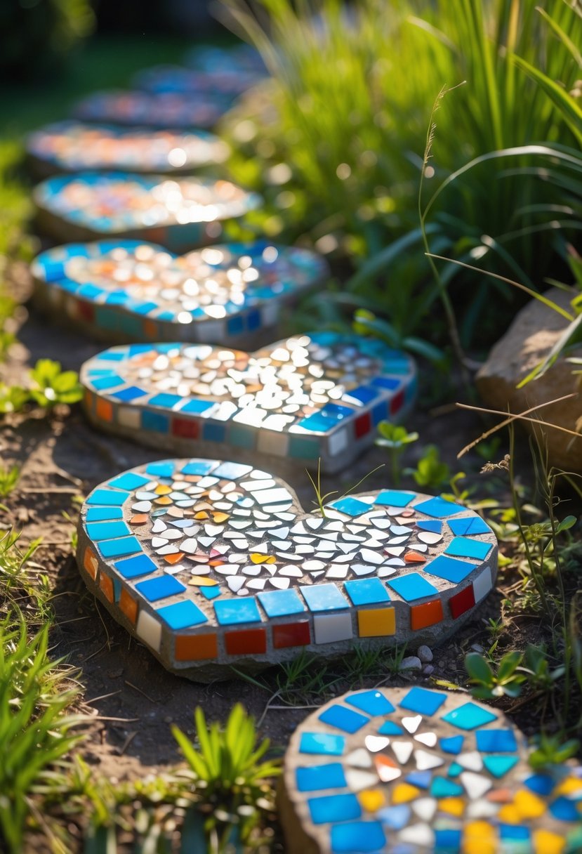 Heart-shaped mosaic stepping stones arranged on a garden pathway surrounded by grass and plants.