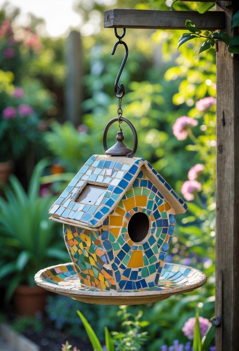 A mosaic bird feeder made from vintage ceramic plates hanging in a garden surrounded by plants and flowers.