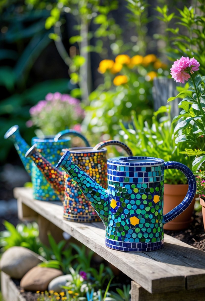 A group of colorful mosaic garden watering cans displayed outdoors among plants and flowers.