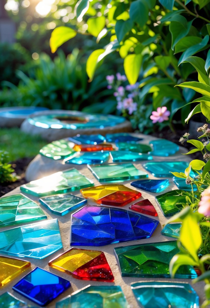 Close-up of colorful glass shard mosaics embedded in garden stepping stones surrounded by green plants and flowers.