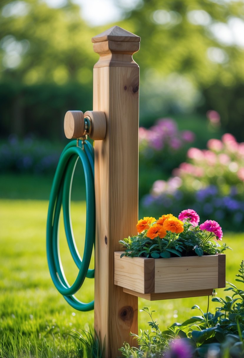 A wooden post garden hose hanger with a flower planter filled with colorful flowers in a green garden.