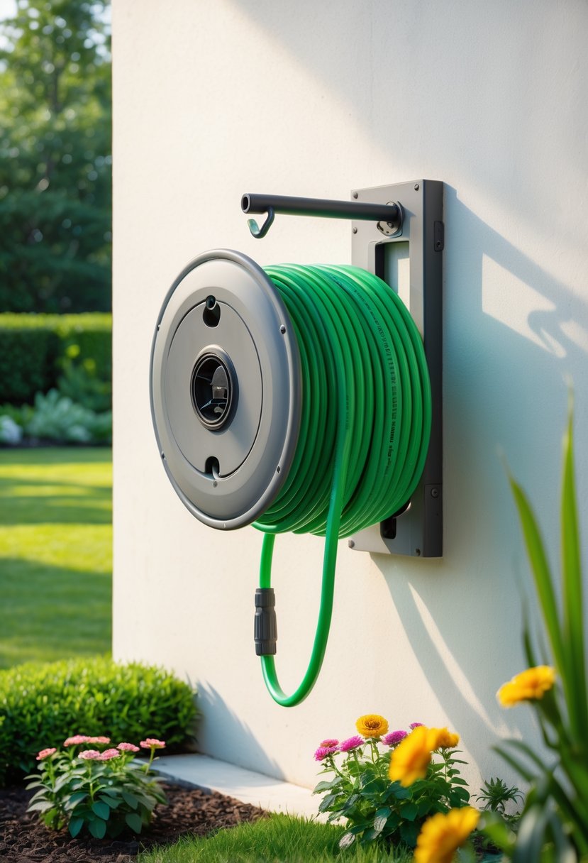 A wall-mounted hose reel with a green garden hose neatly coiled on an exterior wall, surrounded by a garden with grass and flowers.