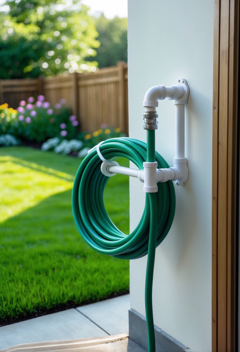 A garden hose coiled on a PVC pipe holder mounted on an outdoor wall with a garden and fence in the background.