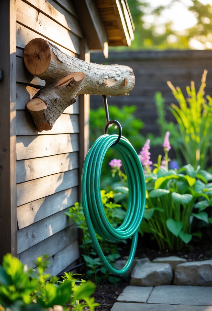 A rustic log hose hanger with a green garden hose coiled on it, mounted on a garden shed wall surrounded by plants and flowers.