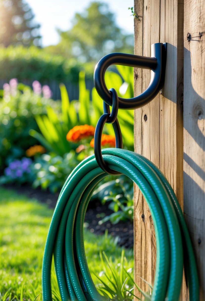 A metal garden hose hook mounted on a wooden fence holding a coiled green garden hose in a sunny backyard garden with plants and flowers.