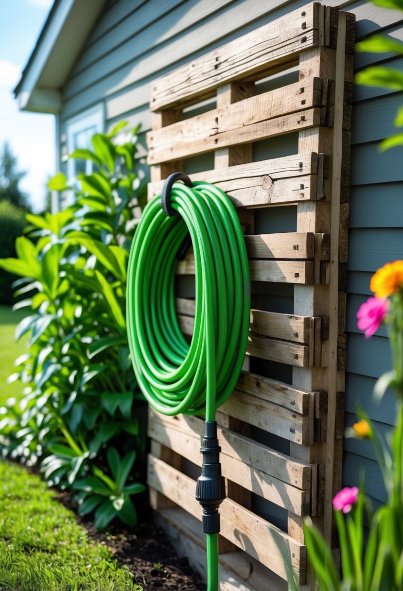 A garden hose neatly coiled on a wooden pallet mounted on an outdoor wall, surrounded by plants and flowers.