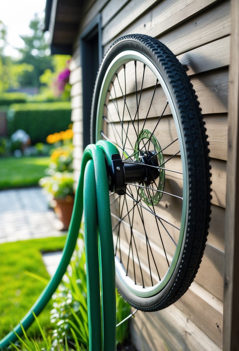 A bicycle wheel mounted on a garden wall holding a coiled green garden hose with plants and grass in the background.