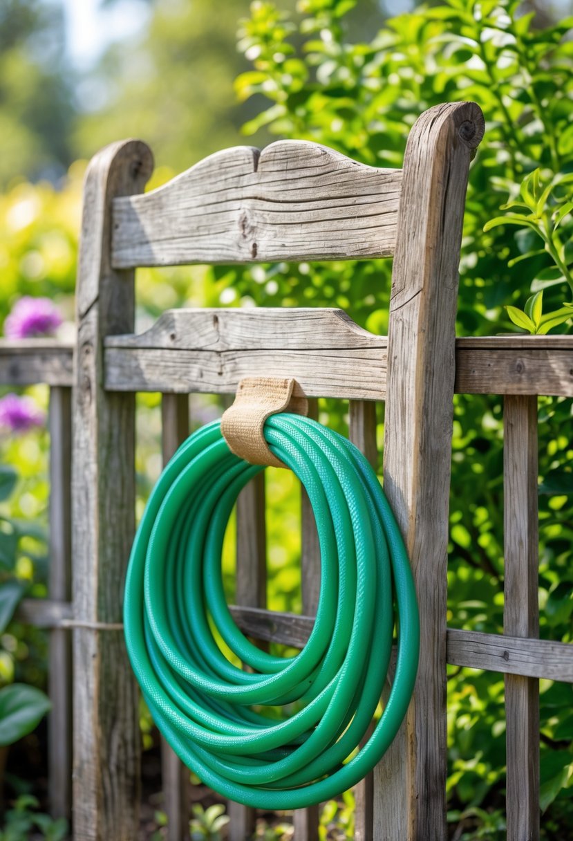 A garden hose neatly coiled on a holder made from the backrest of an old wooden chair mounted on an outdoor wall surrounded by plants.