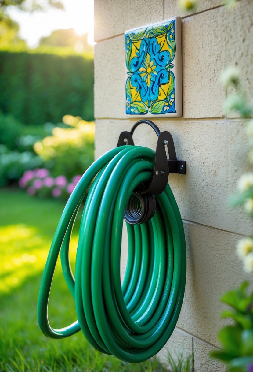 Garden hose neatly coiled on a hose hanger with a decorative ceramic tile mounted on an exterior wall in a garden setting.