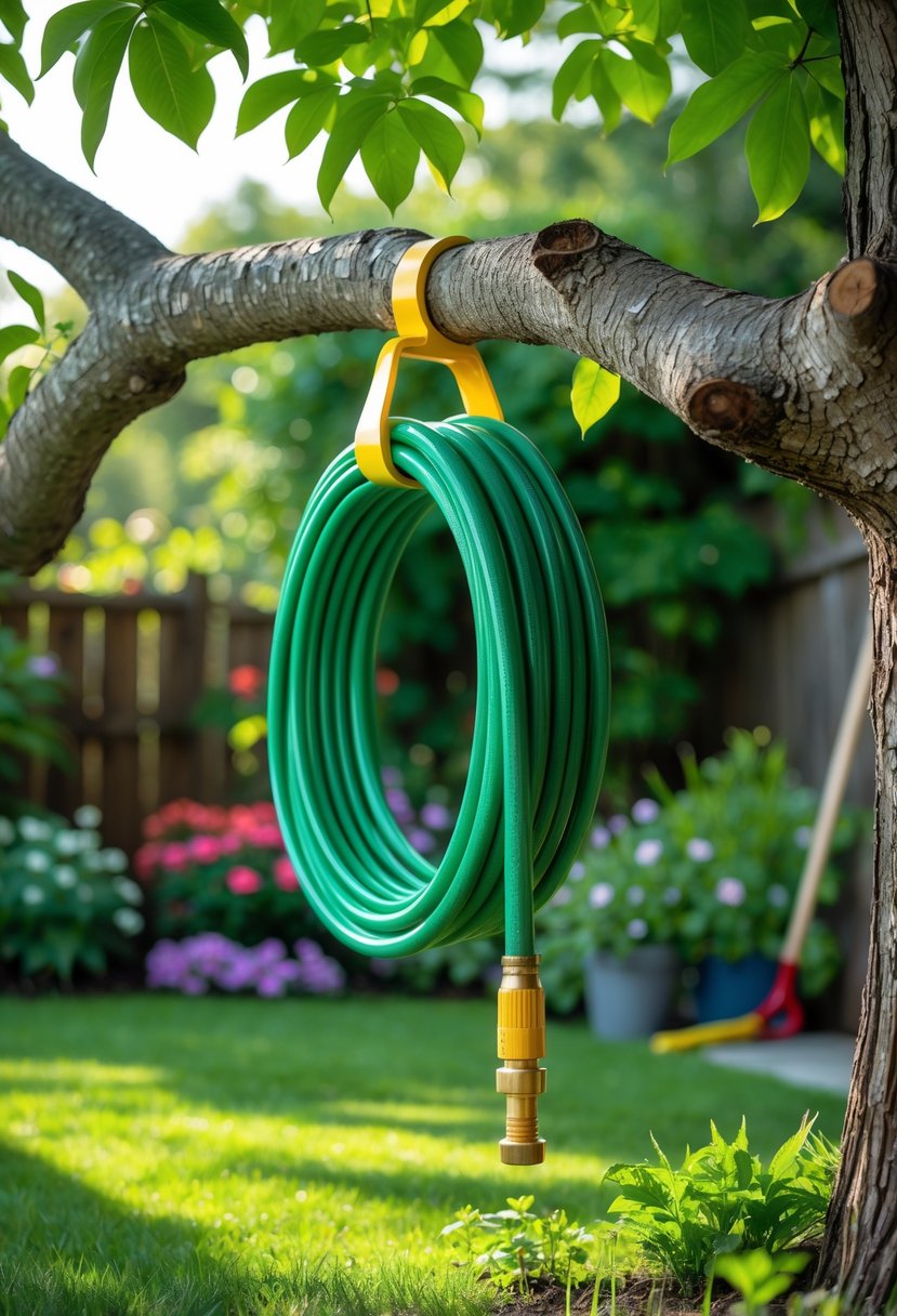 A garden hose coiled and hung on a thick tree branch in a green backyard garden with plants and sunlight.