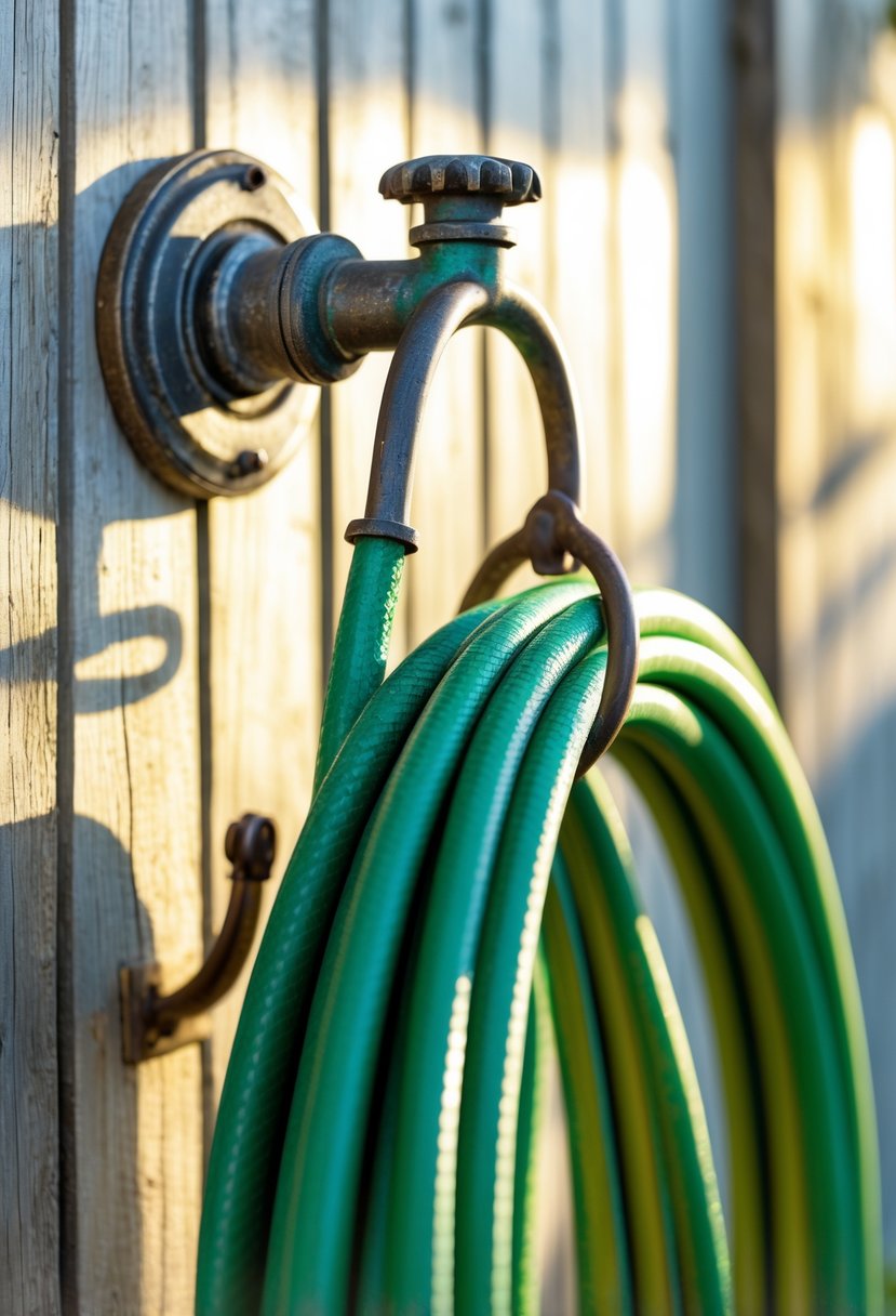 A garden hose coiled on a vintage metal hose hanger attached to an outdoor wall.