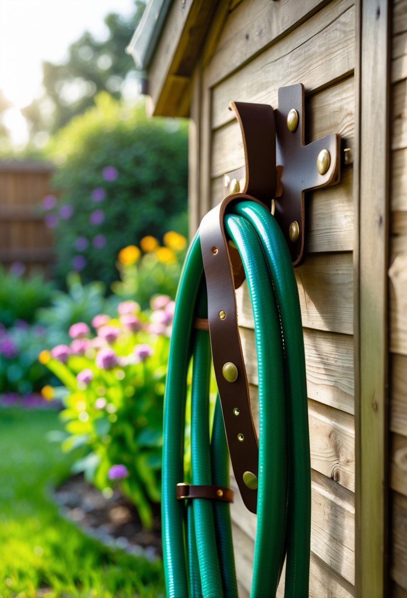 A leather strap hose holder mounted on a wooden wall holding a coiled green garden hose with a garden in the background.