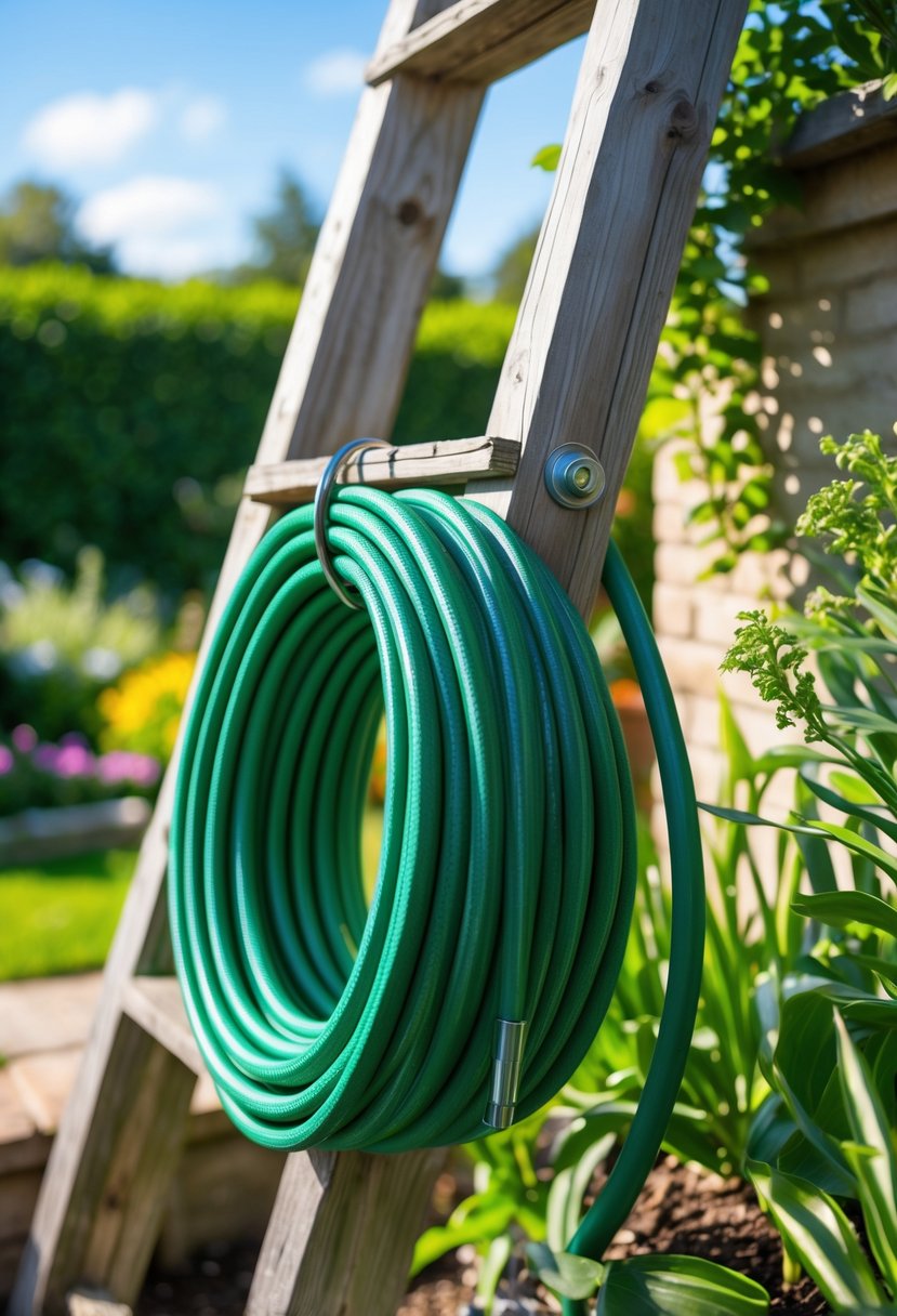 A garden hose neatly coiled and hanging on the rungs of a ladder in a garden setting with plants and a clear sky.