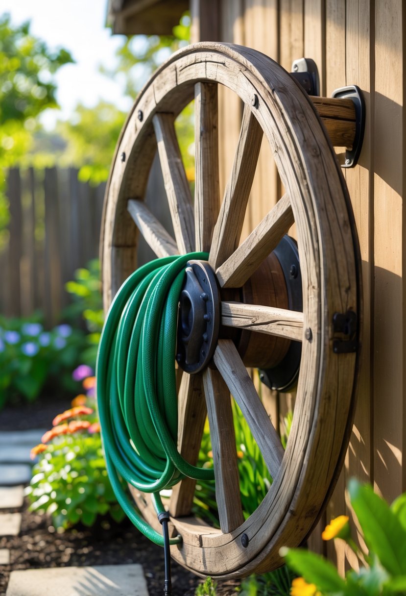 A wooden wagon wheel mounted on a garden wall holding a coiled green garden hose with plants and flowers in the background.