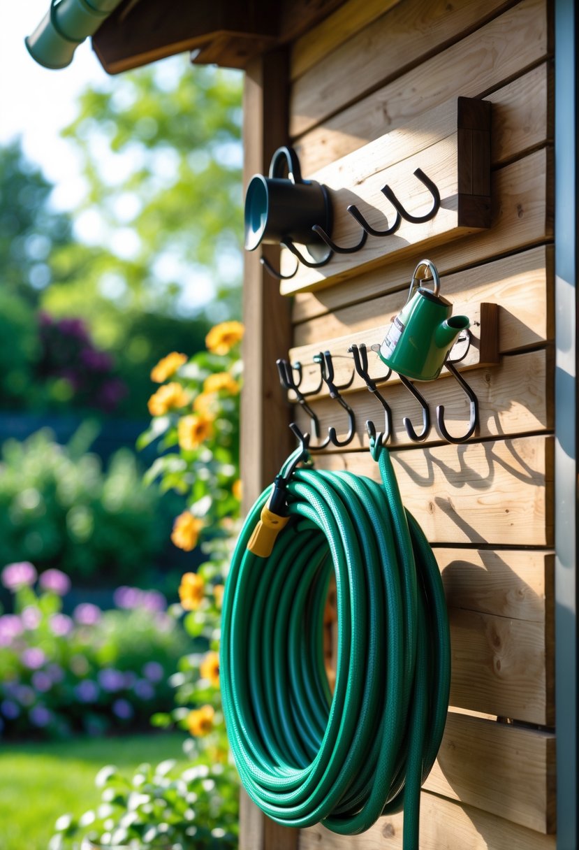 Garden hose neatly coiled on a mounted hanger with coat hooks holding garden tools on a wooden wall outside.