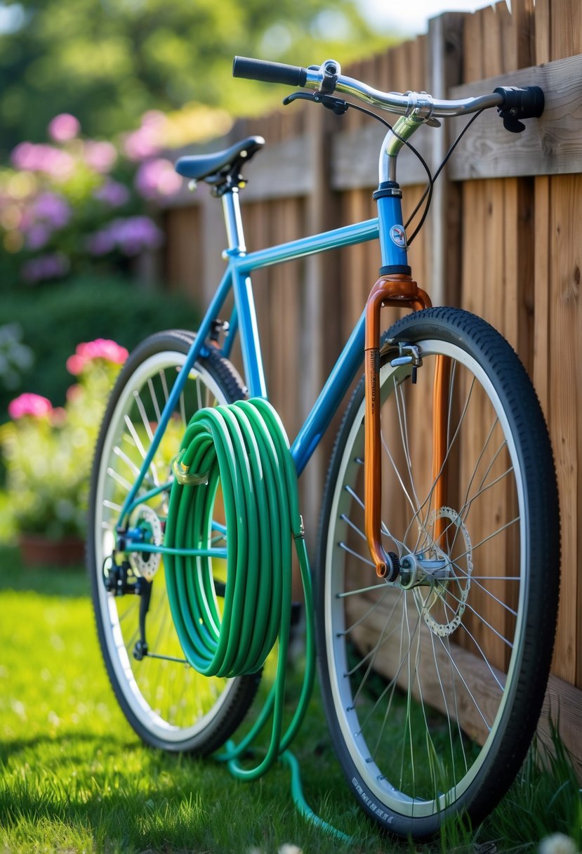 A garden hose neatly coiled on a hose holder made from bicycle parts mounted on a wooden fence in a sunny backyard garden.
