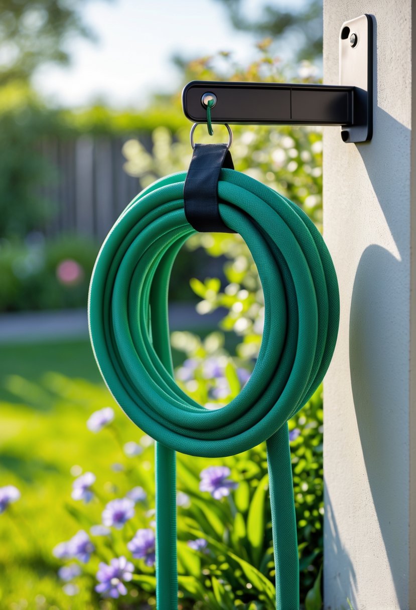 A green garden hose neatly coiled and hanging on a fabric sling attached to an outdoor wall in a garden.