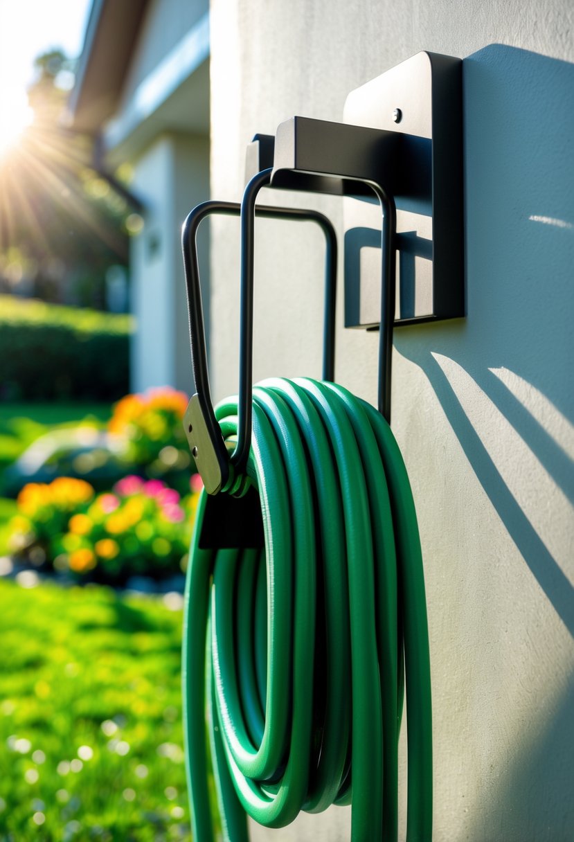A foldable garden hose hanger mounted on a house wall with a green hose neatly coiled, surrounded by a garden with grass and flowers.
