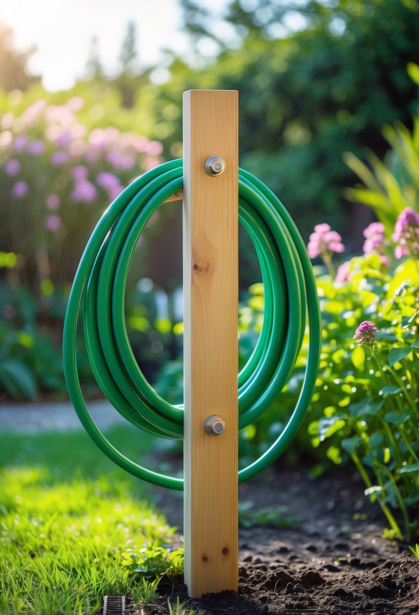 A wooden post hose holder with a green garden hose neatly coiled in a garden with grass and plants.