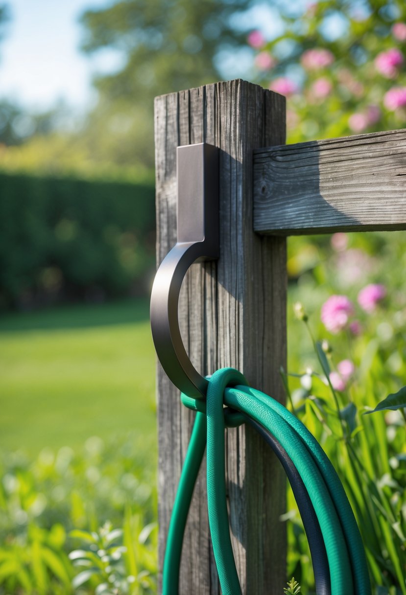 A garden hose neatly coiled on a metal hook attached to a wooden fence post in a green garden.