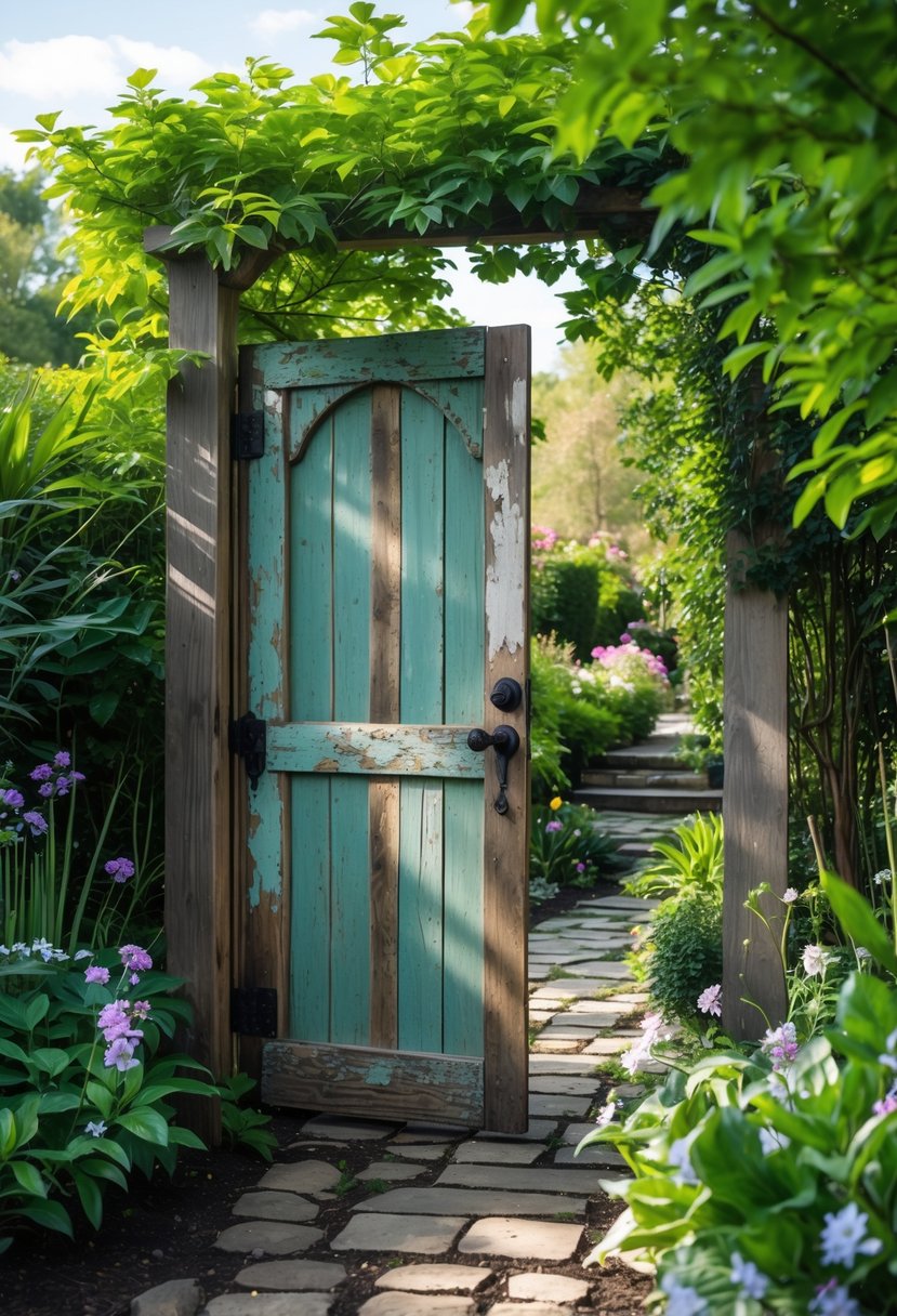 A weathered wooden door used as a garden gate surrounded by green plants and flowers.