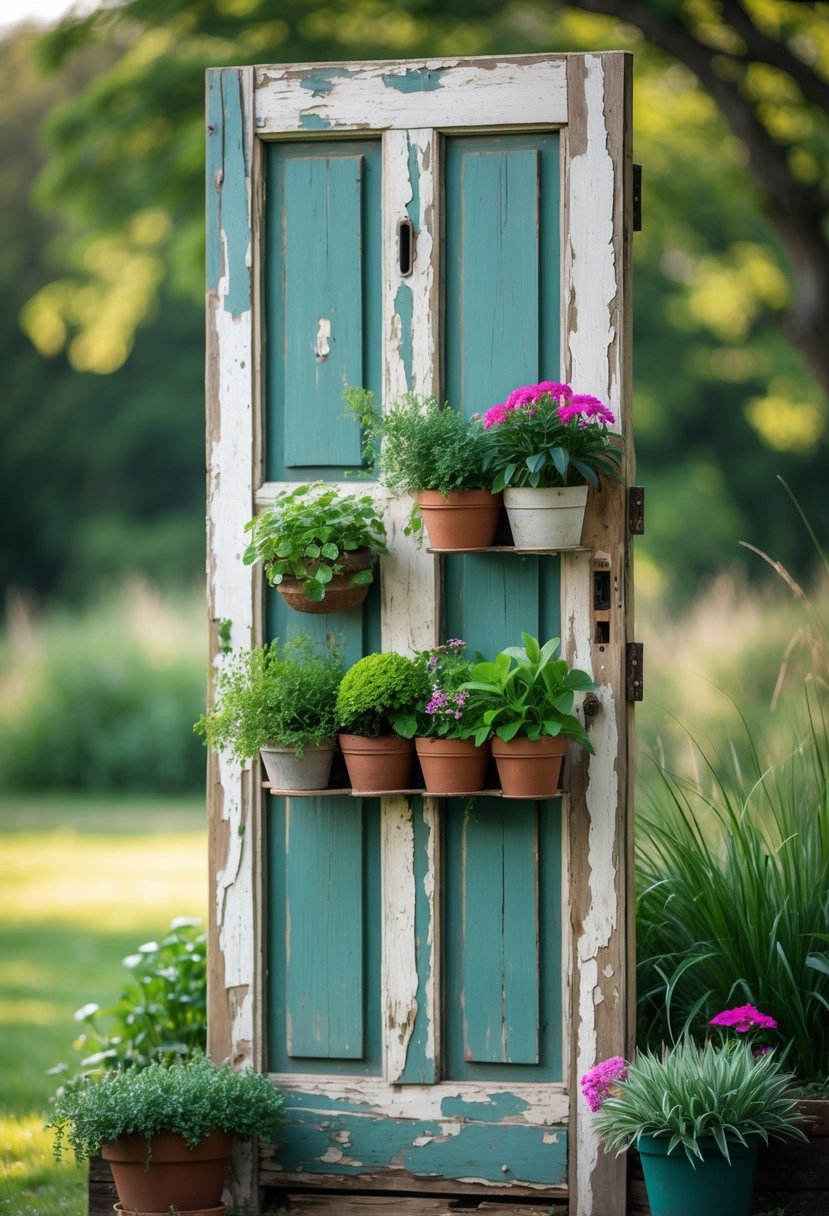 An old wooden door used as a vertical planter with green plants and colorful flowers attached to it outdoors.