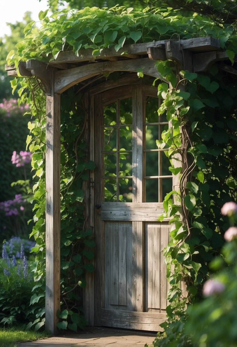 A rustic wooden door arbor covered with green climbing vines in a garden.