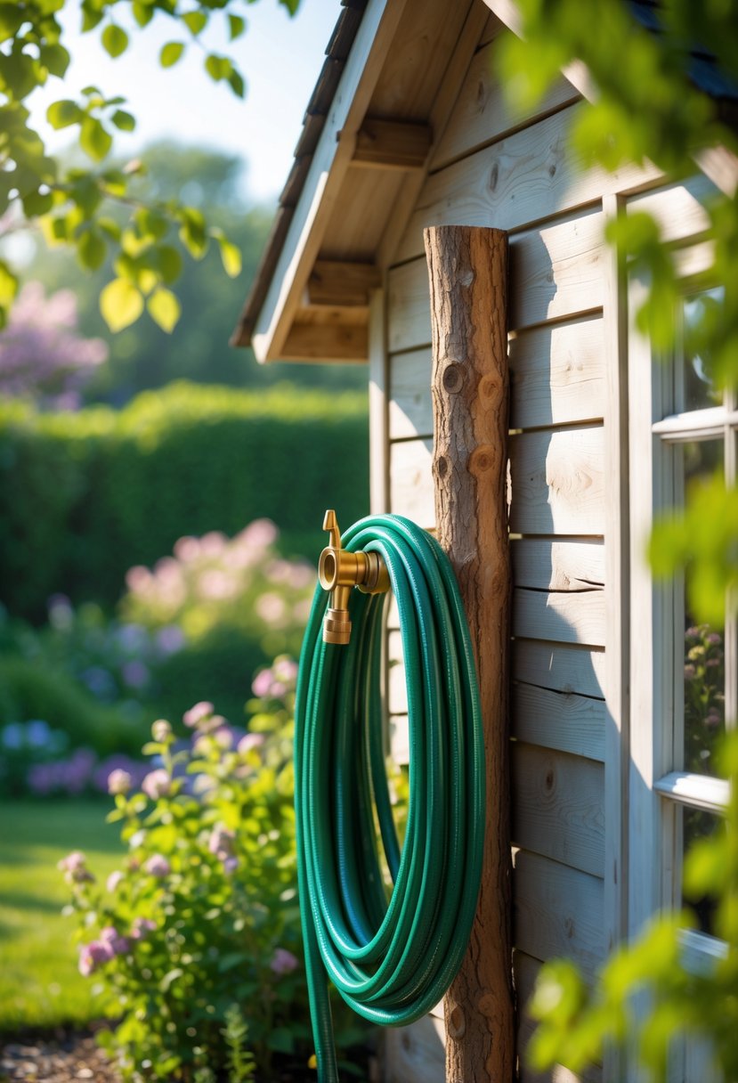 A rustic log hose holder with a green garden hose coiled around it, mounted on a garden shed wall surrounded by plants and flowers.