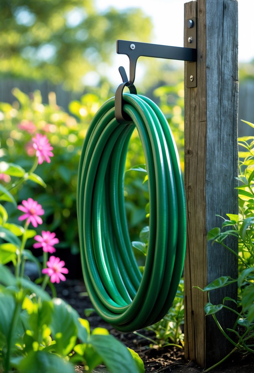 A garden hose neatly coiled on a simple hanger attached to a wooden fence surrounded by green plants and flowers.