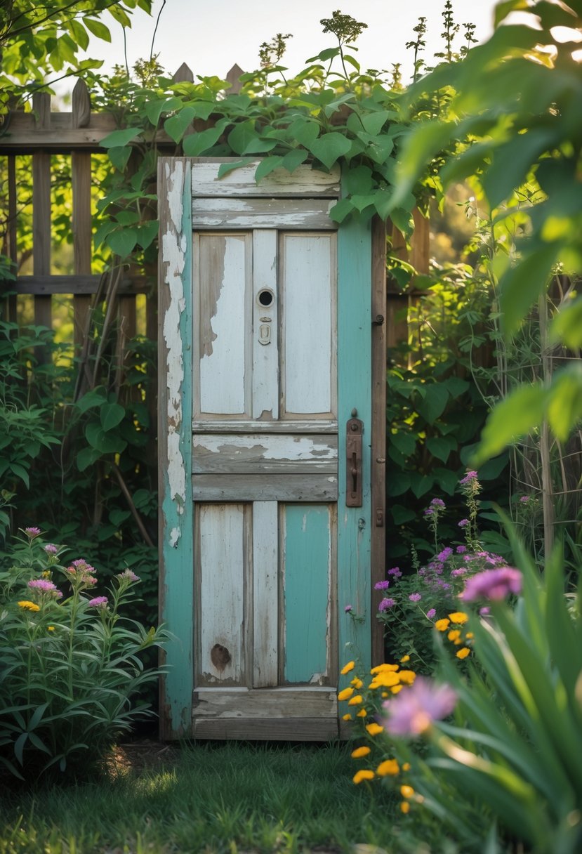 An old wooden door repurposed as a garden fence panel surrounded by green plants and flowers.