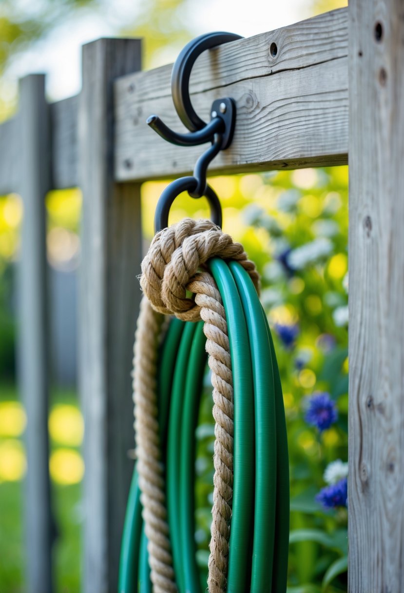 A garden hose neatly coiled on a rope and hook attached to a wooden fence in a garden.
