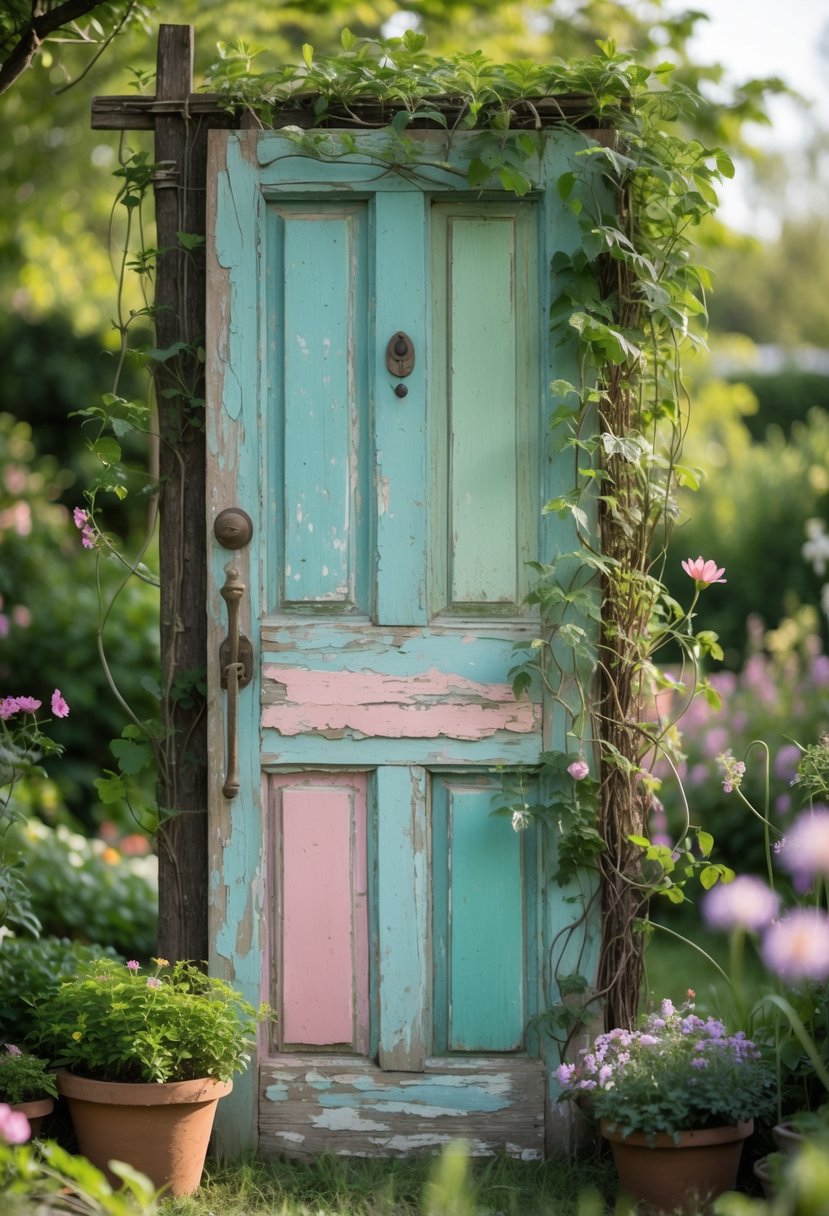 A rustic painted vintage wooden door displayed as garden art surrounded by plants and flowers.