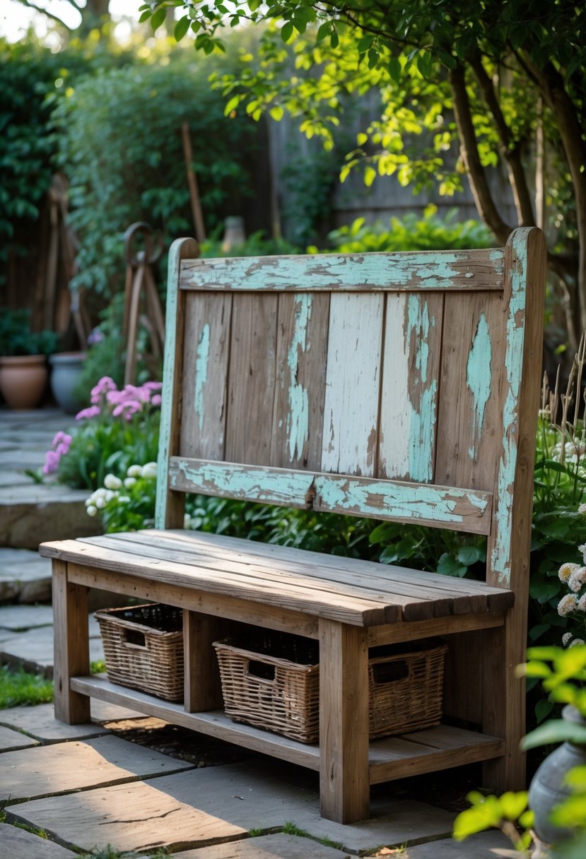 A rustic wooden garden bench made from an old door with storage compartments underneath, surrounded by green plants and flowers.