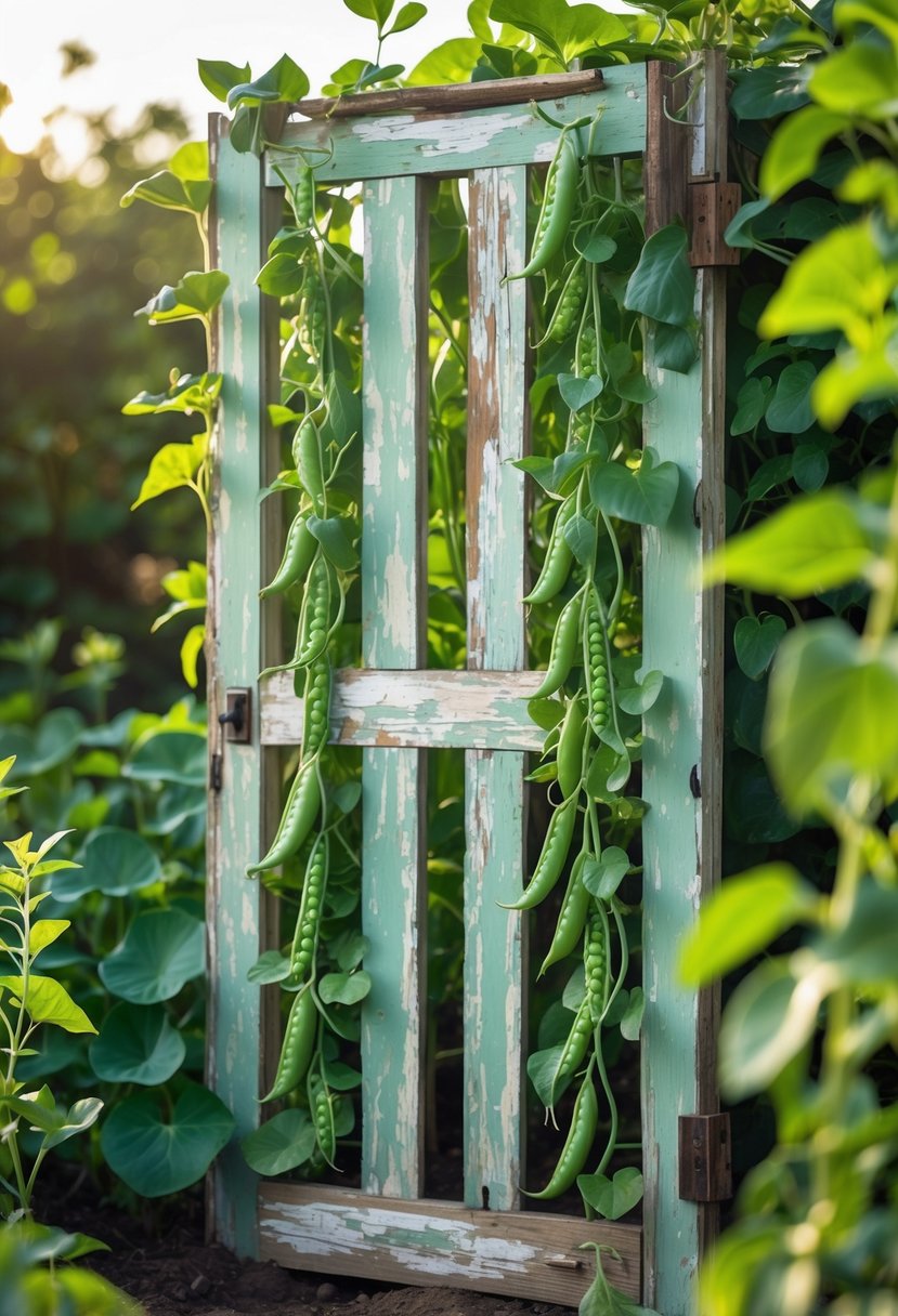 A rustic old wooden door used as a garden trellis with pea and bean plants climbing on it in a green garden.