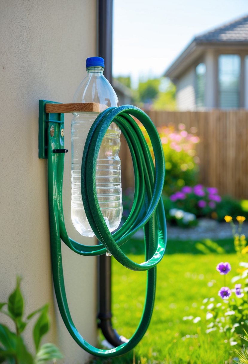 A plastic bottle repurposed as a garden hose holder mounted on an outdoor wall with a green garden hose coiled around it in a backyard garden.