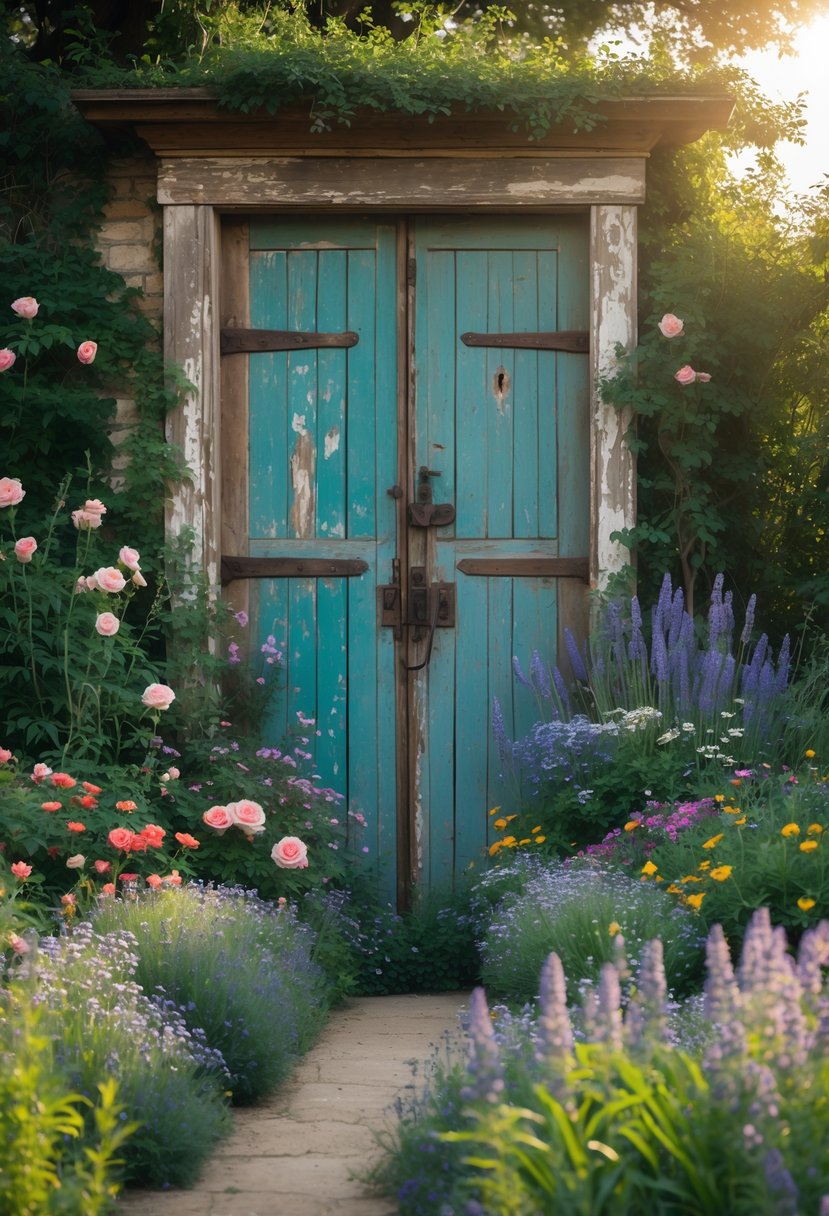 An old wooden door surrounded by colorful flower beds in a garden.