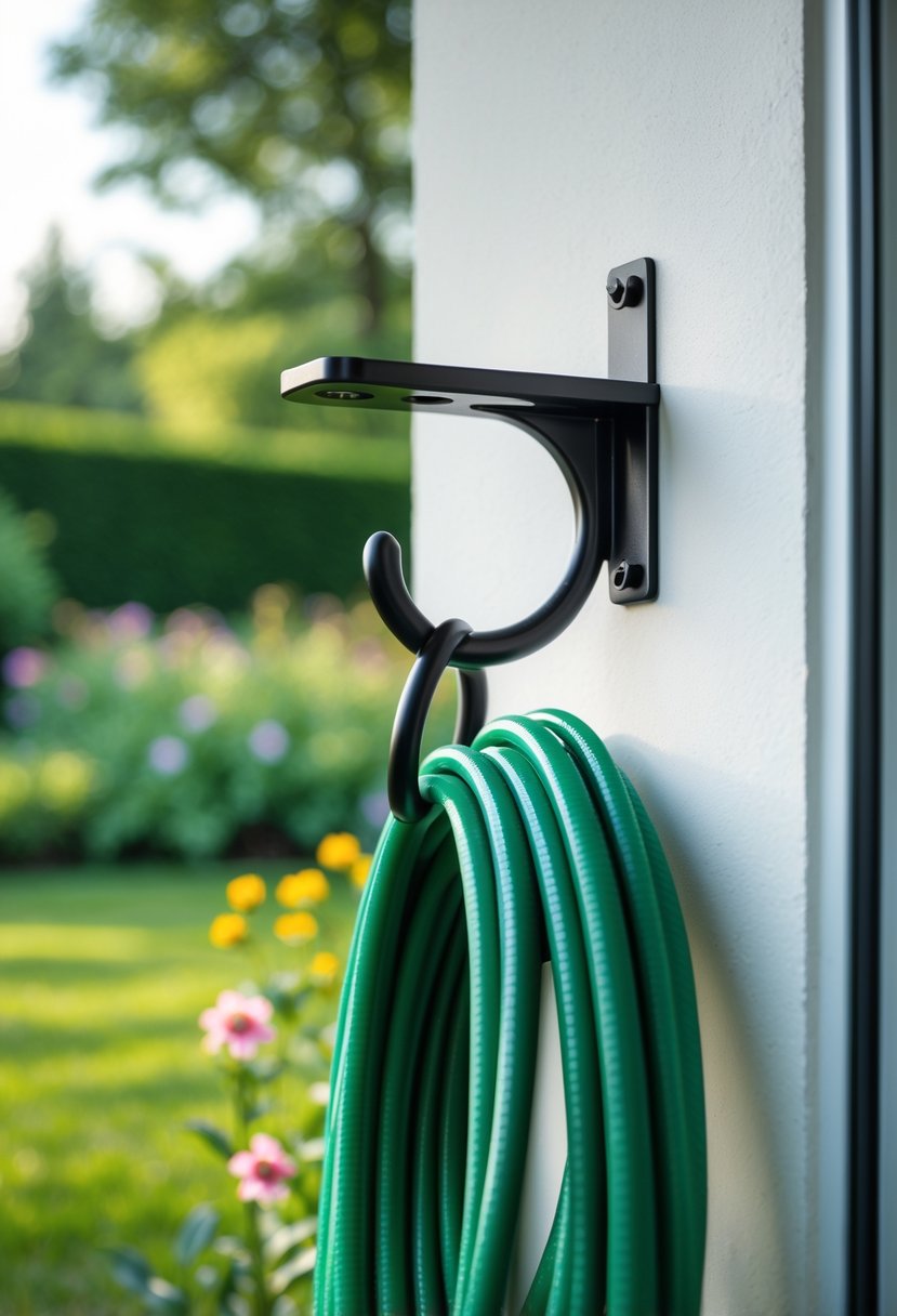A metal hose hook mounted on a white wall holding a coiled green garden hose with a garden in the background.
